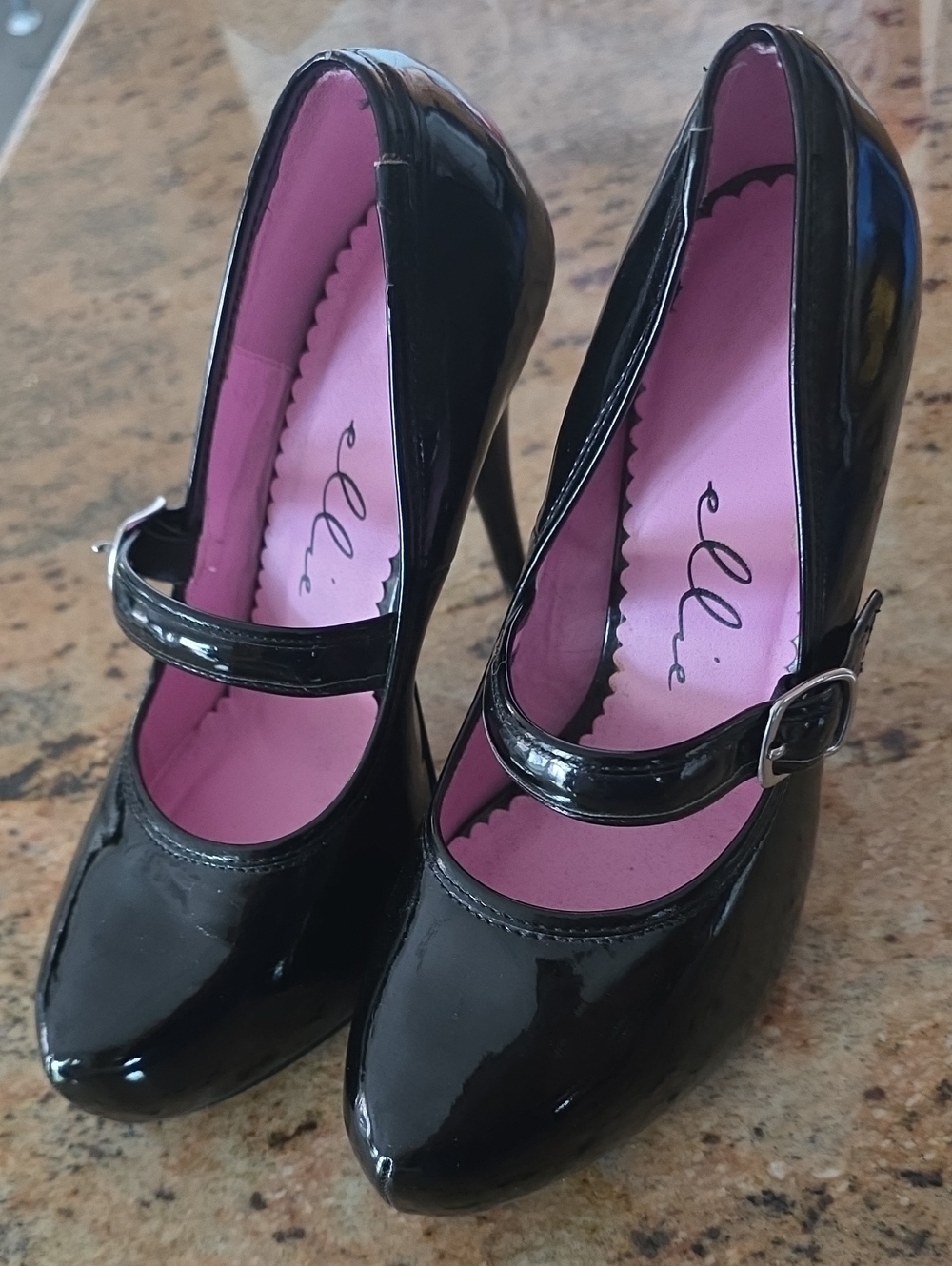 Ellie Black Patent Mary Jane Heels with Pink Insole